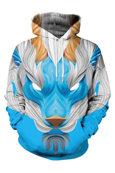 New Fashion Cool Abstract Wolf 3D Printed Long Sleeve Casual Blue Loose Hoodie