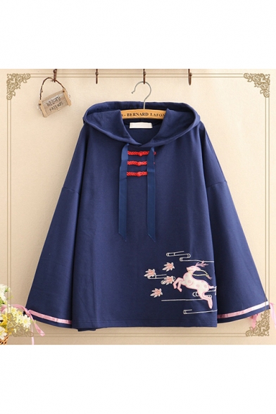 New Fashion Deer Embroidered Frog Button Front Long Sleeve Loose Drawstring Hoodie