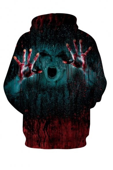 New Fashion Halloween Blood Hand Ghost 3D Printed Long Sleeve Dark Green Drawstring Hoodie