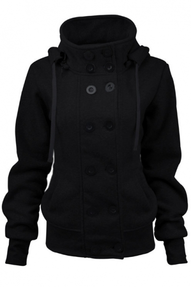 New Fashion High Collar Double Breasted Removable hood Long Sleeve Plain Tailored Fit Padded Coat