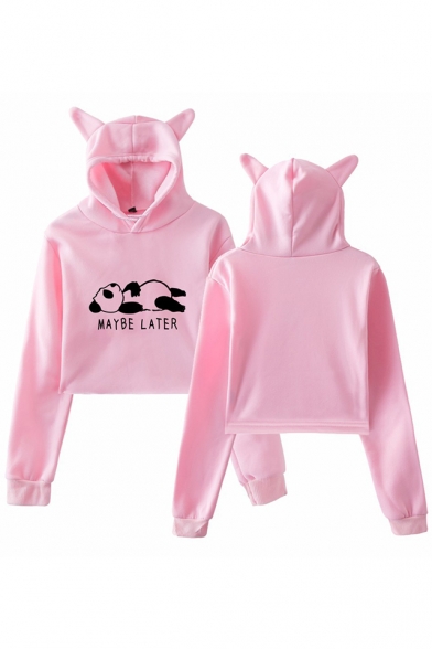 New Popular Letter MAYBE LATER Cute panda Print Cat Ear Cropped Casual Hoodie