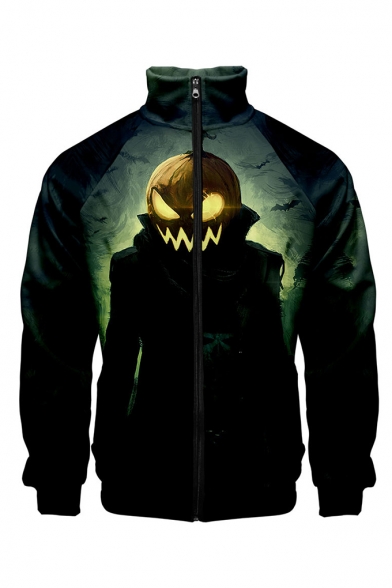 New Stylish Halloween Pumpkin Pattern Stand Collar Long Sleeve Black Baseball Jacket