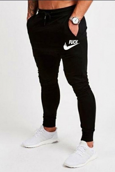 New Stylish Letter FUCK Printed Drawstring Waist Slim Fitted Cotton Casual Sports Pencil Pants for Men