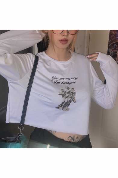 New Stylish Letter Give Me Money Print Round Neck Long Sleeve White Cropped Pullover Sweatshirt