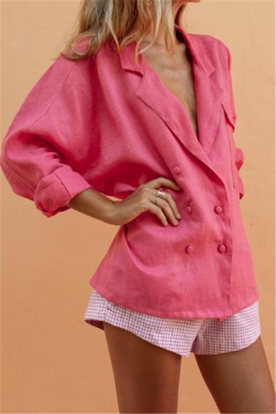 New Stylish Simple Plain Lapel Collar Long Sleeve Double Breasted Loose Red Blouse