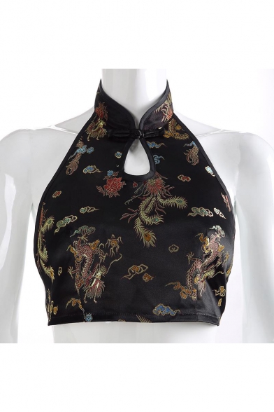 New Stylish Vintage Halter Neck Sleeveless Cutout Floral Print Cropped Black Tee For Women