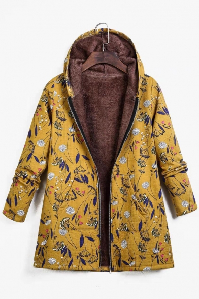New Trend Creative Printing Linen Long Sleeve Zipper Hooded Padded Down Coat for Women