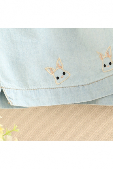 New Trendy Drawstring Waist Rabbit Embroidered Casual Loose Denim Shorts