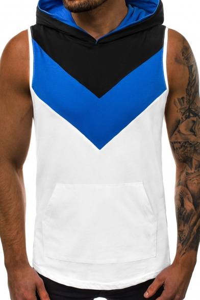 New Trendy Mens Sleeveless Coloblock Patch Pocket Front Sport Hooded Tank Tee