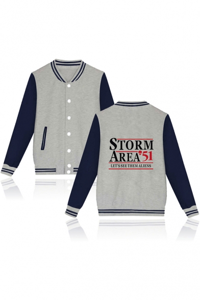 New Trendy Storm Area Letter Printed Rib Stand Collar Long Sleeve Button Down Baseball Jacket