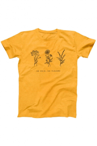 NO RAIN NO FLOWERS Letter Floral Printed Short Sleeve Round Neck Yellow Tee
