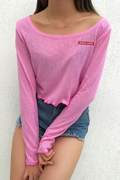 

Pink Long Sleeve Round Neck SUCH CUTE Letter Printed Fungus Hem Casual Loose Sweet Cute Tee, LM552757