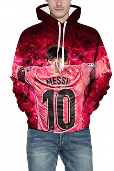 Popular Football Player Figure Letter 10 3D Printed Long Sleeve Rose Red Casual Loose Hoodie
