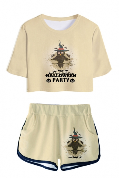 Popular Funny Halloween Theme 3D Print Patterns Short Sleeve Cropped T-Shirt with Dolphins Shorts Two Piece Set