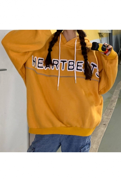 Popular Reflect Light Letter HEARTBEATS Print Long Sleeve Pullover Drawstring Loose Hoodie