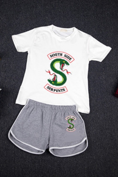 Popular Snake Logo Printed Casual T-Shirt with Dolphin Shorts Two-Piece Set