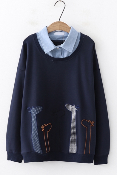 Preppy Style Cartoon Giraffe Embroidery Patched Long Sleeve Cotton Loose Sweatshirt
