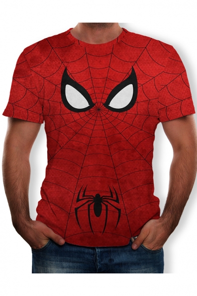 Red Round Neck Short Sleeve Spider Wed Eye Printed Personalized Pullover T Shirt