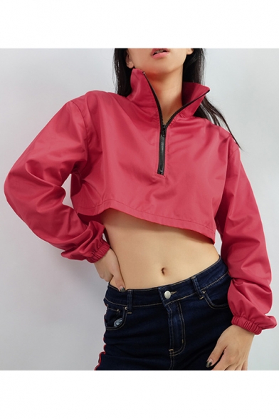 Rose Red Sexy Stand Up Collar Half Zip Elastic Cuffs Cropped Jacket Coat