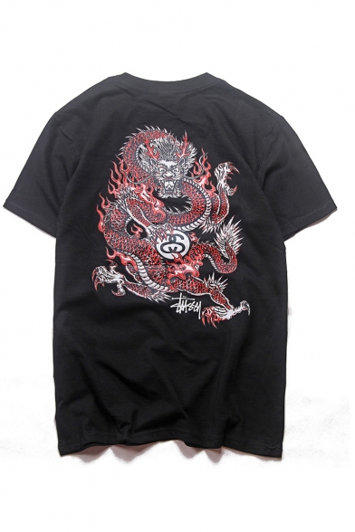 Round Neck Short Sleeve Dragon Printed Mens Cool Street Style T Shirt