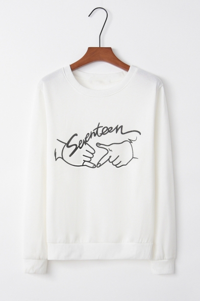 Seventeen Letter Hand Printed Long Sleeve Round Neck Lady Sweatshirt