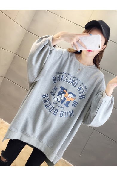 Simple Letter Ballplayer Printed Cut Out Round Neck High Low Long Sleeve Loose Pullover Sweatshirt