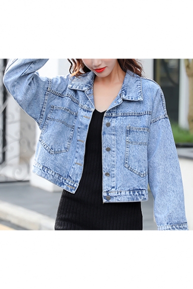 Simple Sequined Letter Printed Denim Cropped Jacket Coat with Pocket