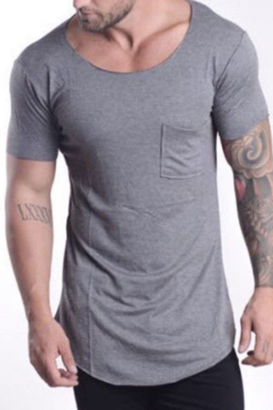 Solid Color Short Sleeve Round Neck Chest Pocket Front Mens T Shirt