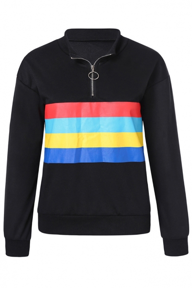 Stripe Zipper Front Stand Up Collar Color Block Long Sleeve Black Sweatshirt