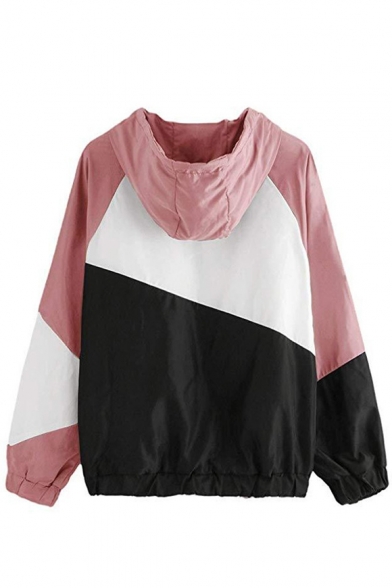 Stylish Color Block Elastic Hem Long Sleeve Zip Up Drawstring Hooded Coat Jacket