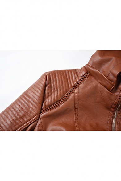 Stylish Plain High Neck Long Sleeve Detachable Hood Zip Front PU Hooded Short Jacket