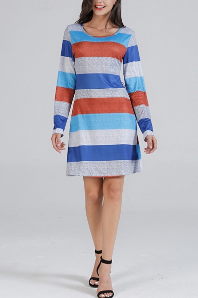 Stylish Stripe Pattern Round Neck Long Sleeve Mini Fitted T-Shirt Dress
