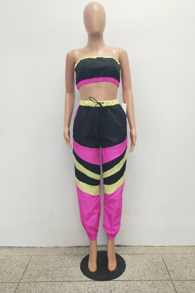 Stylish Summer's Patchwork Printed Sleeveless Bandeau Tops Elastic Loose Fit Pants Co-ords