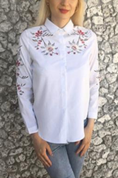 Stylish White Long Sleeve Button Front Floral Embroidered Lady Leisure Shirt