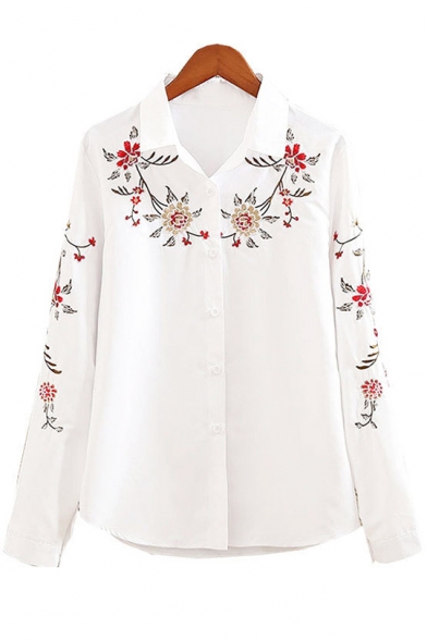 Stylish White Long Sleeve Button Front Floral Embroidered Lady Leisure Shirt