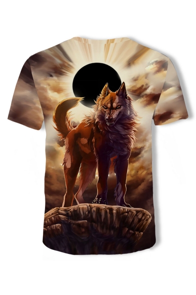 Summer New Trendy Wolf Print Short Sleeve Round Neck Beige T-Shirt For Men