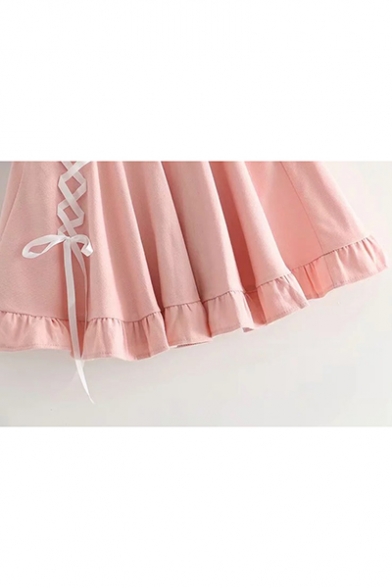 Summer Plain Sweet Elastic Waist Ruffle Hem Bow Embellished Mini A-Line Skirt
