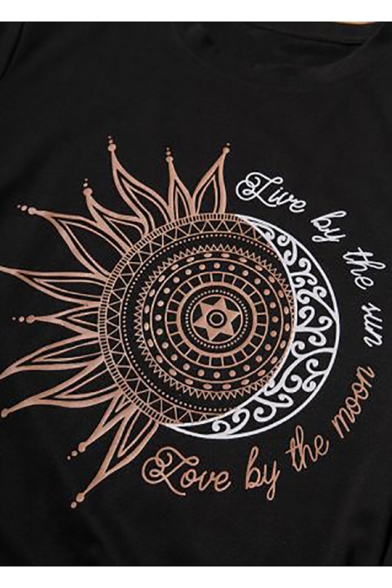 Summer Trendy Letter Sun Flower Printed Short Sleeve Leisure T-Shirt
