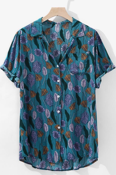 Summer Trendy Tropical Floral Pattern Blue Casual Button Down Short Sleeve Cotton Shirt for Guys