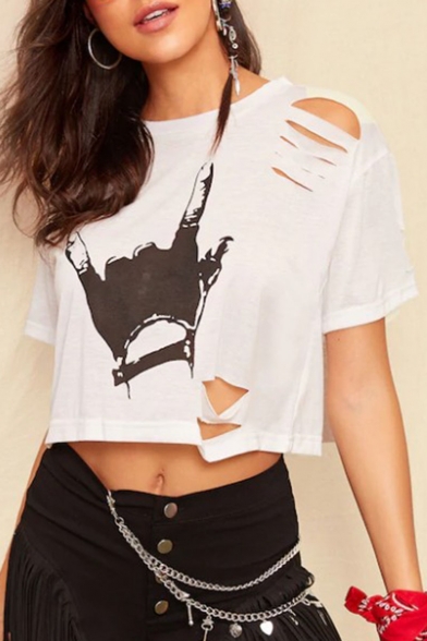 Summer White Short Sleeve Cutout Hand Printed Cropped Tee