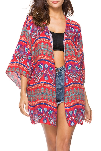 Summer Women's Red Tribal Pattern Beach Cover Up Kimono Blouse