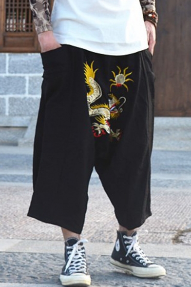 Trendy Chinese Stylish Dragon Embroidery Pattern Men's Black Baggy Drop-Crotch Harem Pants with Side Pockets
