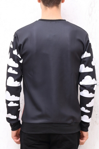 Trendy Letter Character Cloud Printed Black Long Sleeve Round Neck Pullover Sweatshirts