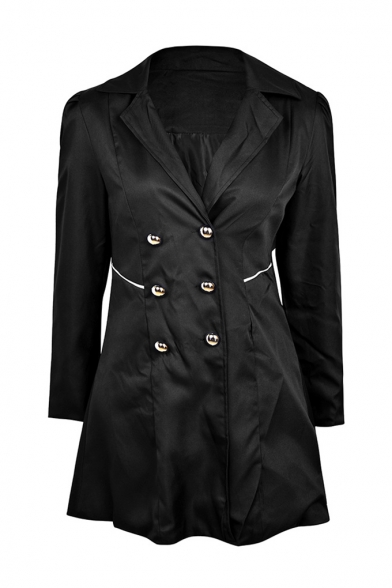 Vintage Women Notch Lapel Collar Double Breasted Solid Longline Trench Coat with Pocket