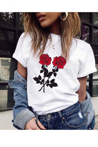 White Short Sleeve Round Neck Rose Printed Sweet Cute T-Shirt