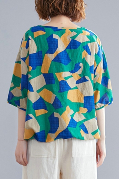 Women's Fashion Geometric Print V-Neck Half Sleeve Loose Green Linen Blouse Top