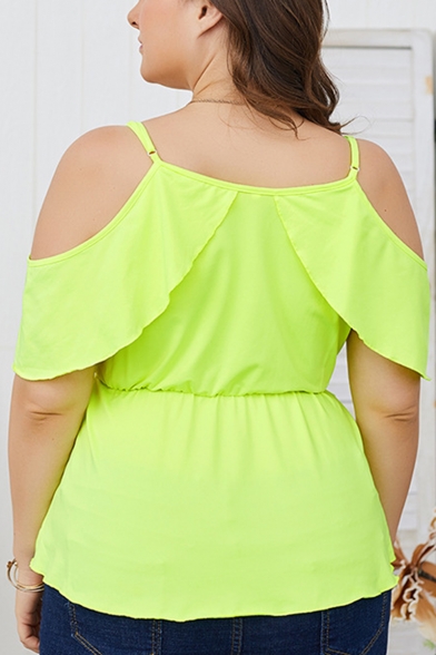 Women's Fashionable Simple Plain V Neck Cutout Short Sleeve Fluorescent Green Tee Top
