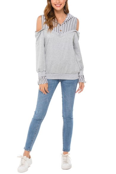 Women's Stripe Print Cold Shoulder Long Sleeve Button Front Relaxed Hoodie