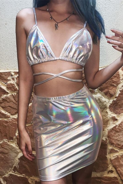 Women's Unique Flourescent Silver Cutout Cami Top with Mini Skirt Two-Piece Set