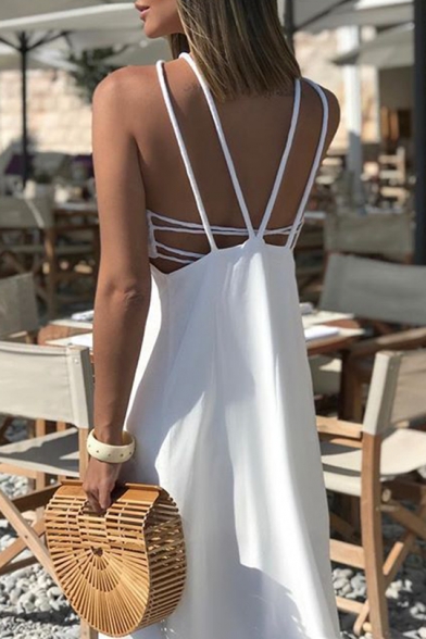 Womens Beach Sexy Halter Sleeveless Split Front Backless White Asymmetrical Swing Midi Dress